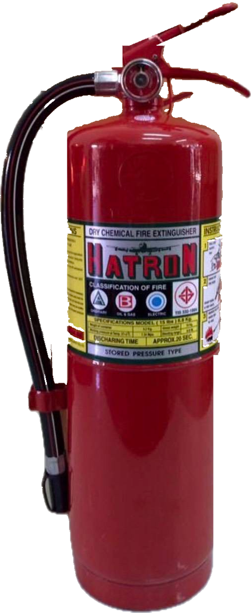 ถังดับเพลิงผงเคมีแห้ง ABC HATRON ถังสีแดง พร้อมสายฉีดและฉลากประเภทไฟ A B C